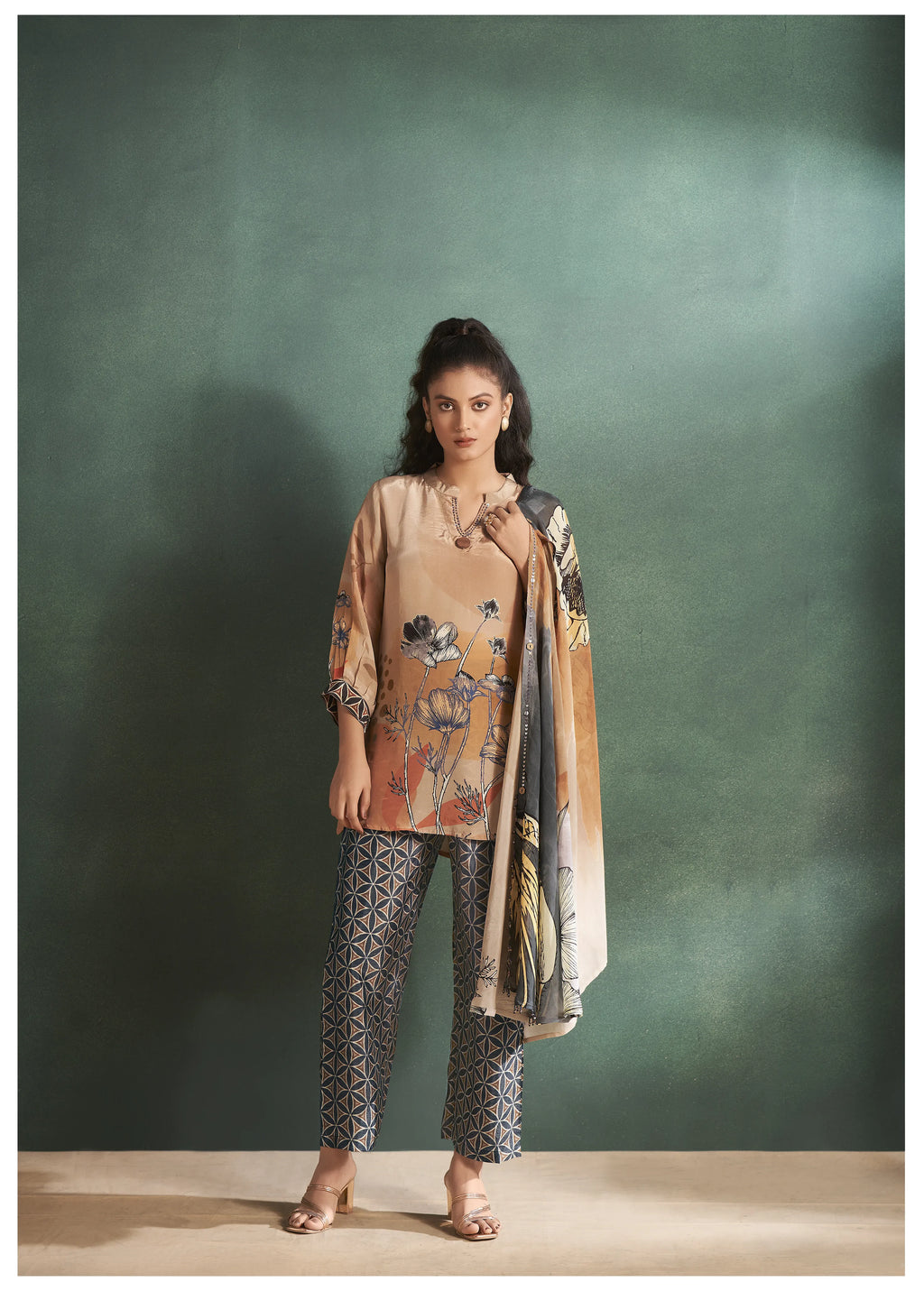 Ochre Floral  Muslin Diamond Detailed Shrug 3-Piece Set