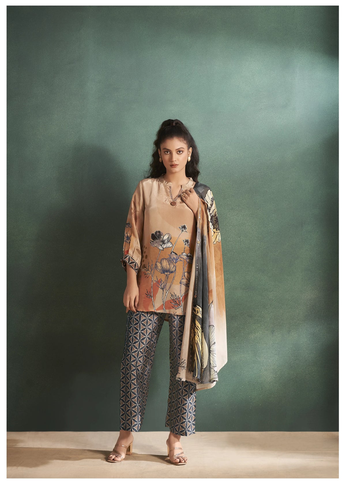 Ochre Floral  Muslin Diamond Detailed Shrug 3-Piece Set