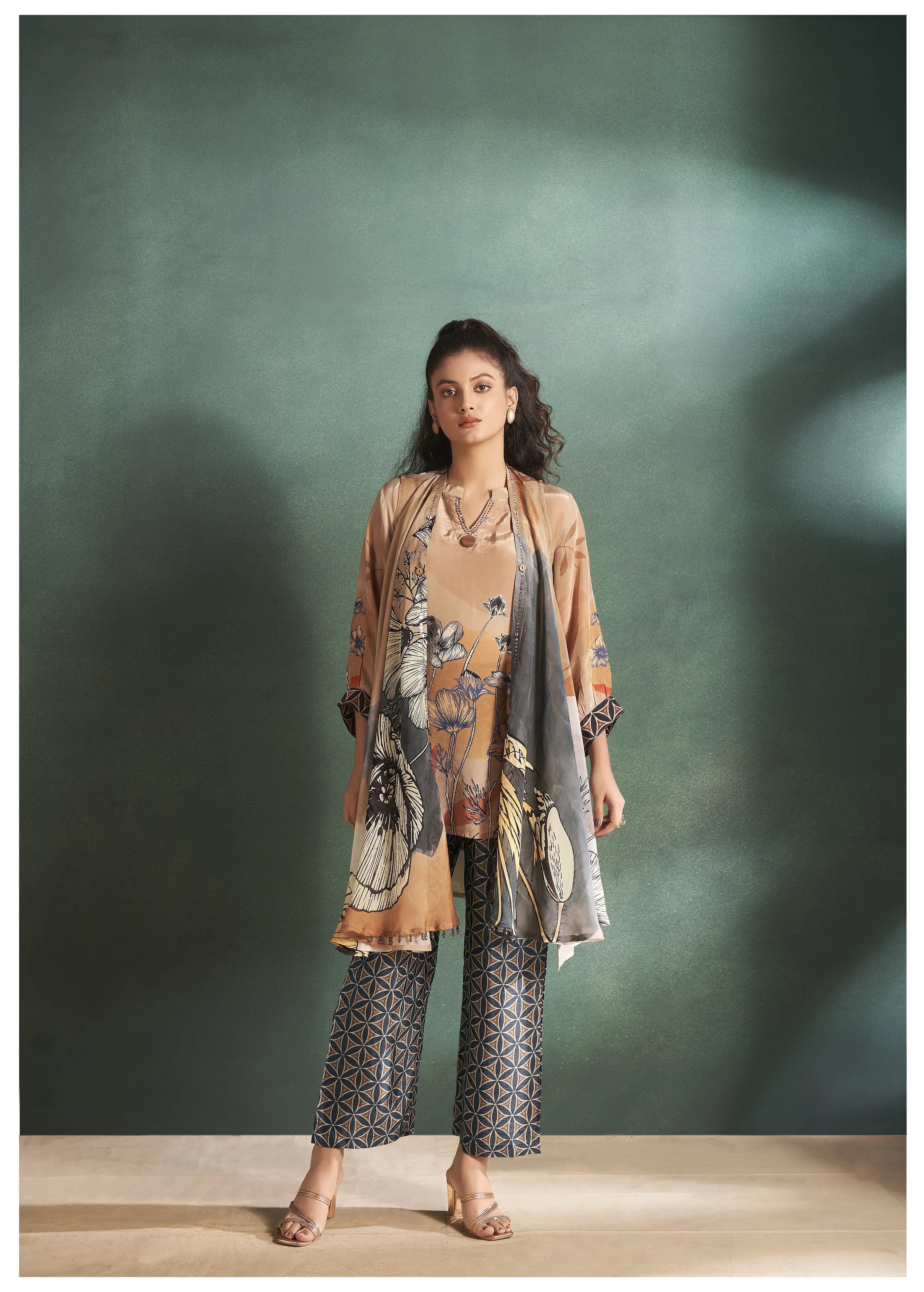 Ochre Floral  Muslin Diamond Detailed Shrug 3-Piece Set