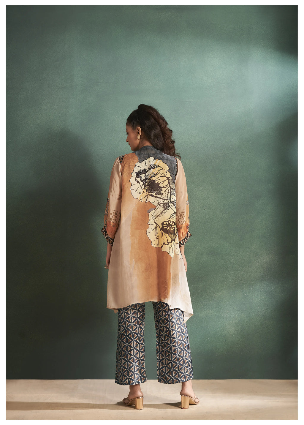Ochre Floral  Muslin Diamond Detailed Shrug 3-Piece Set