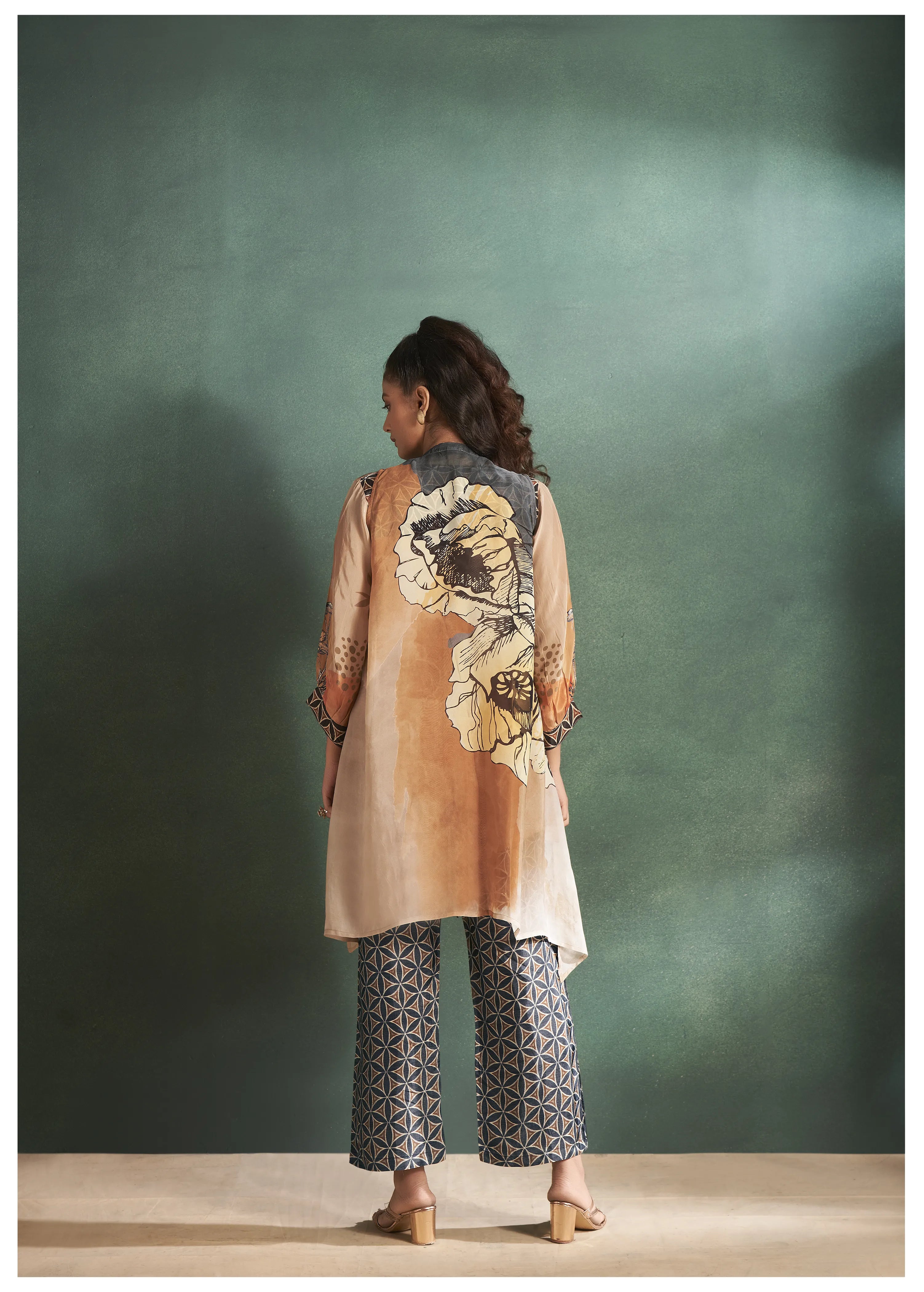 Ochre Floral  Muslin Diamond Detailed Shrug 3-Piece Set