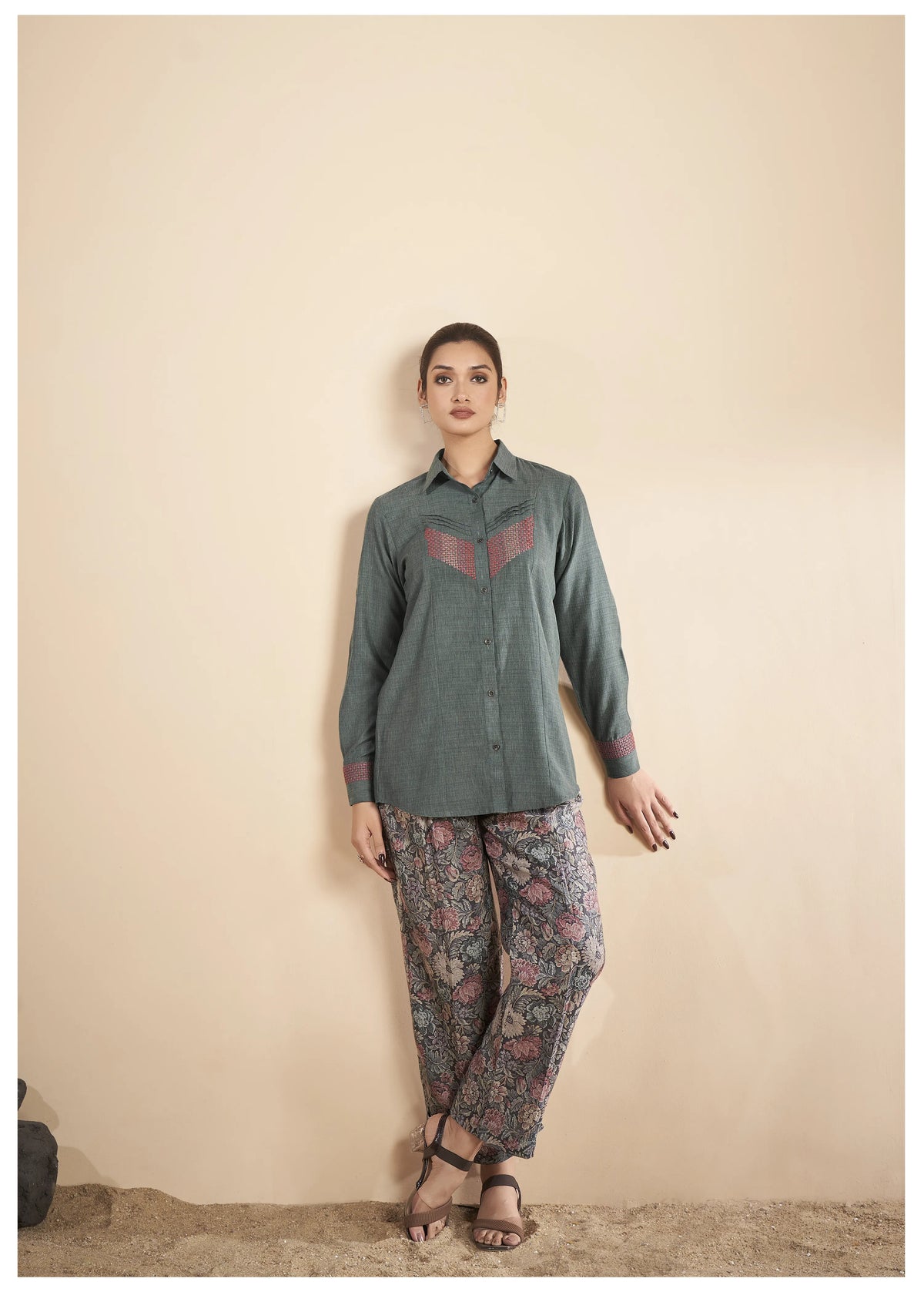 Green Embroidered  Linen Co-Ord Set