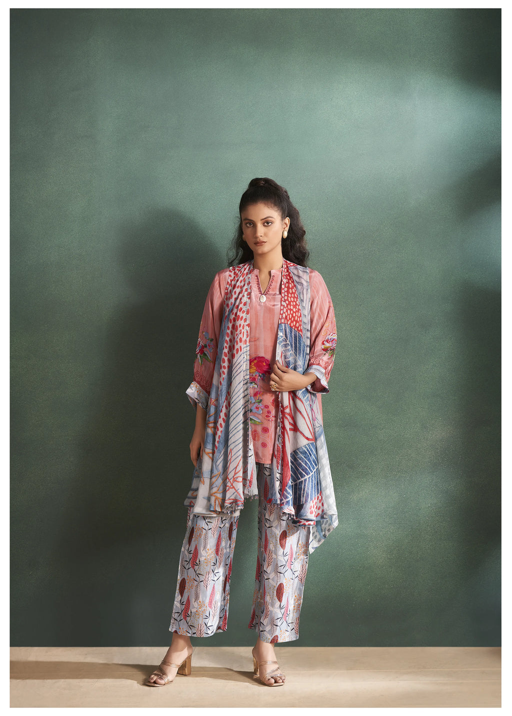 Peach Floral  Muslin Diamond Detailed Shrug 3-Piece Set