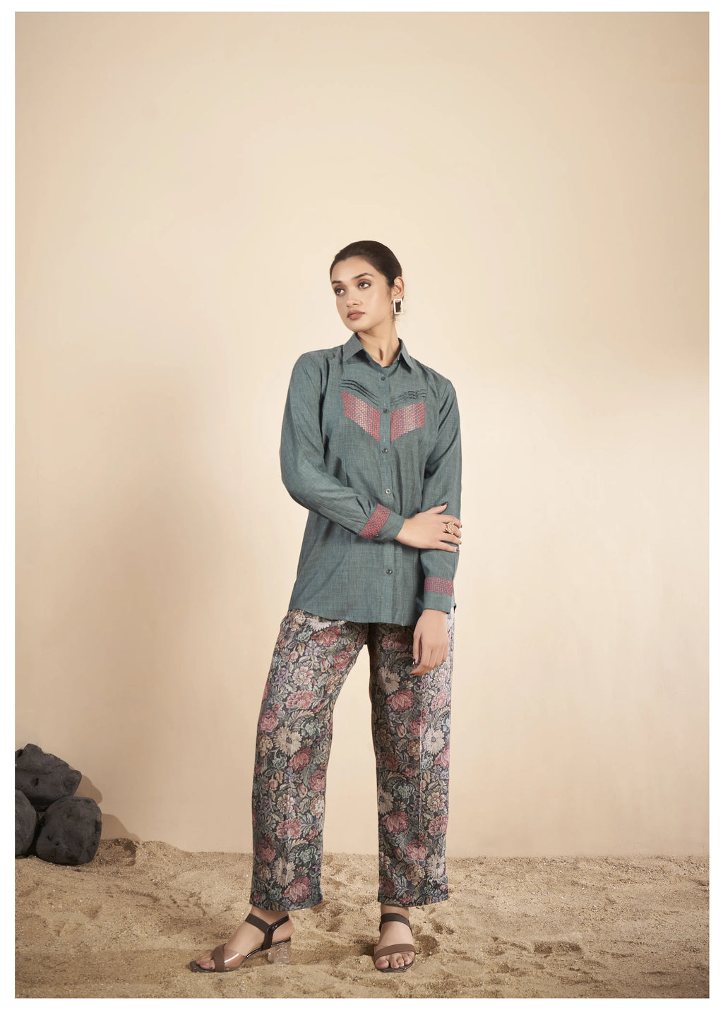 Green Embroidered  Linen Co-Ord Set