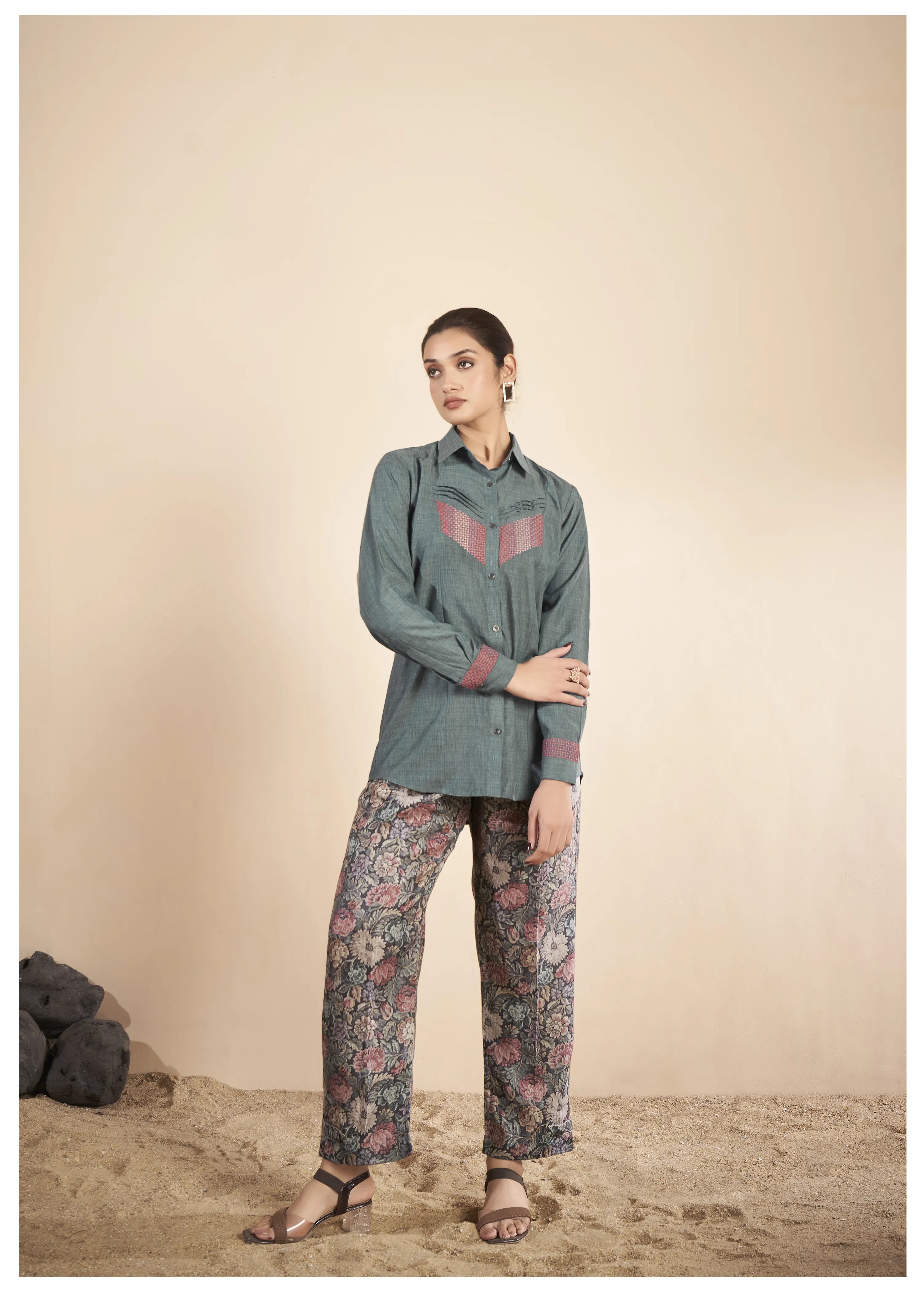Green Embroidered  Linen Co-Ord Set