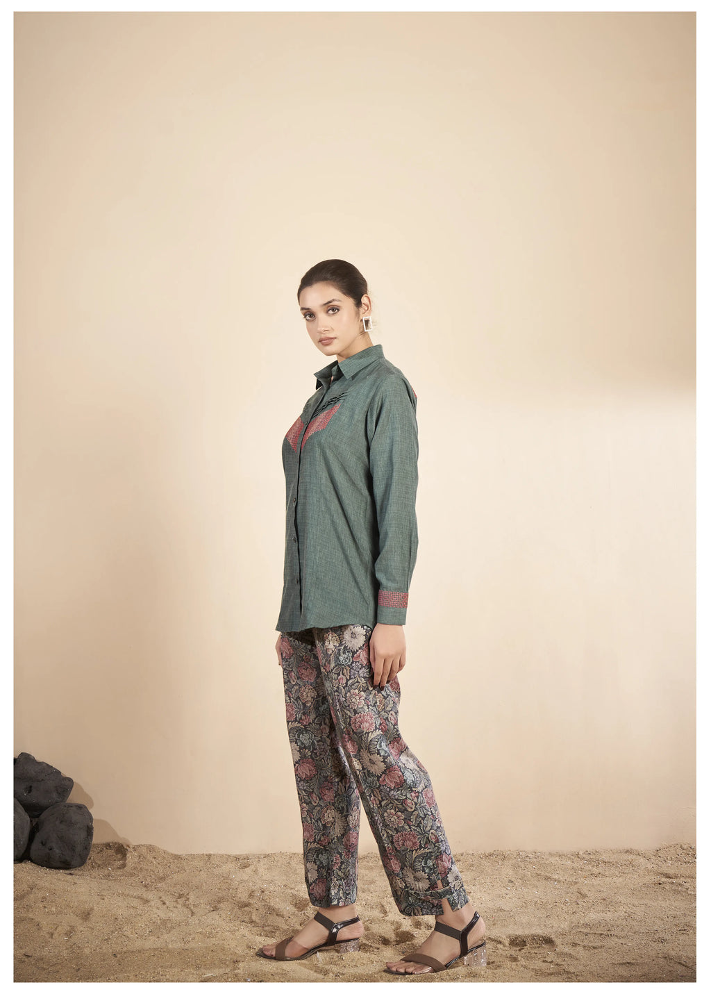 Green Embroidered  Linen Co-Ord Set