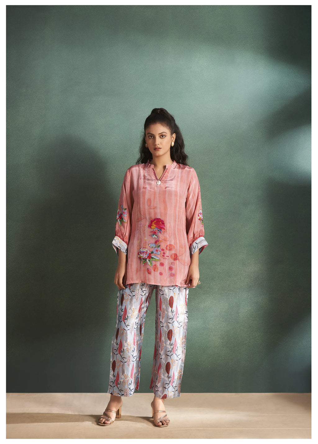 Peach Floral  Muslin Diamond Detailed Shrug 3-Piece Set