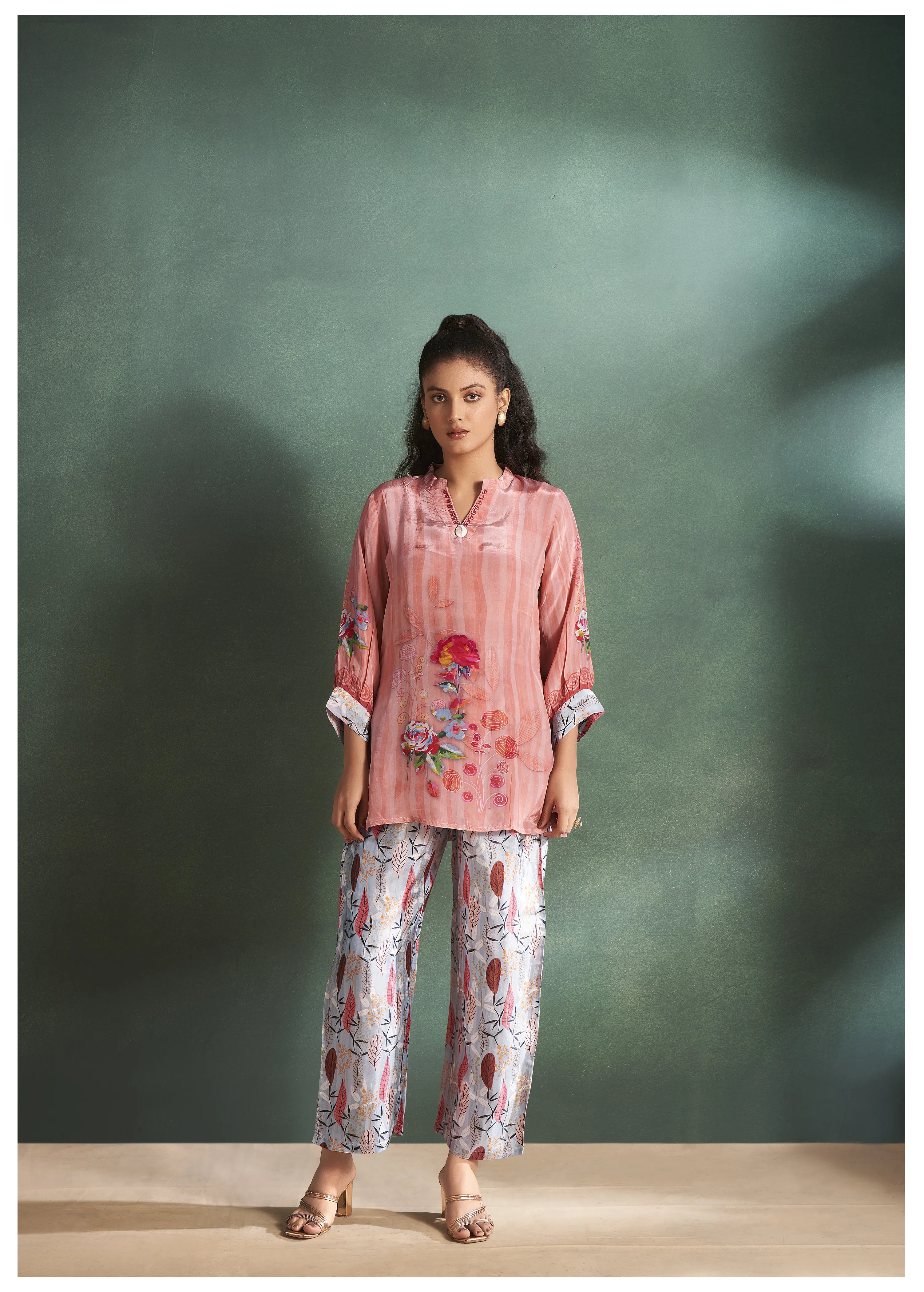 Peach Floral  Muslin Diamond Detailed Shrug 3-Piece Set