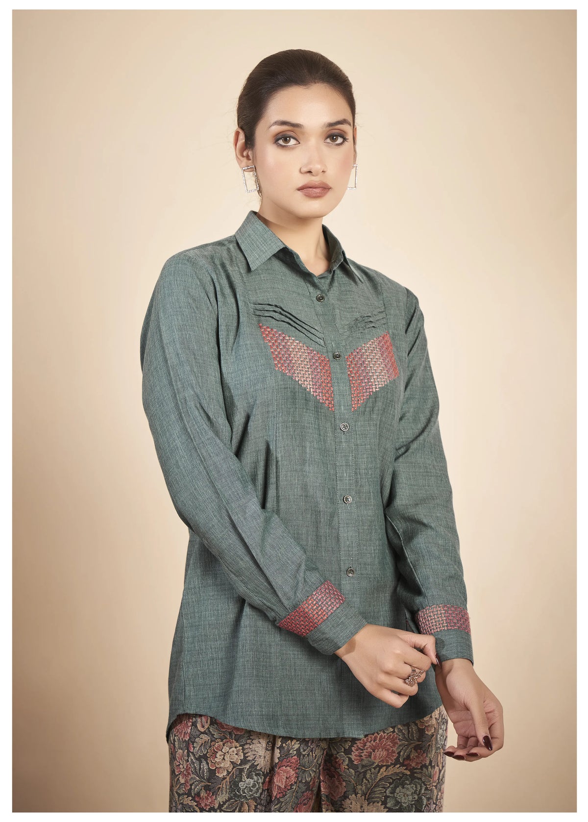 Green Embroidered  Linen Co-Ord Set