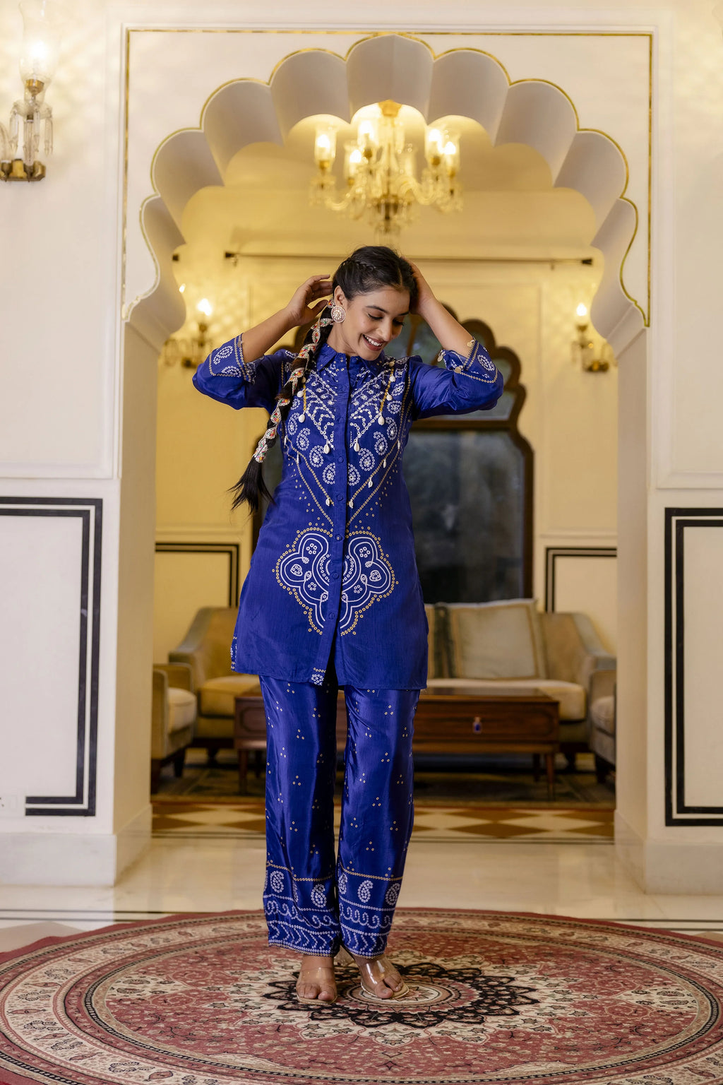 Electric Blue Mirror Embroidered Bandhani Co-ord Set