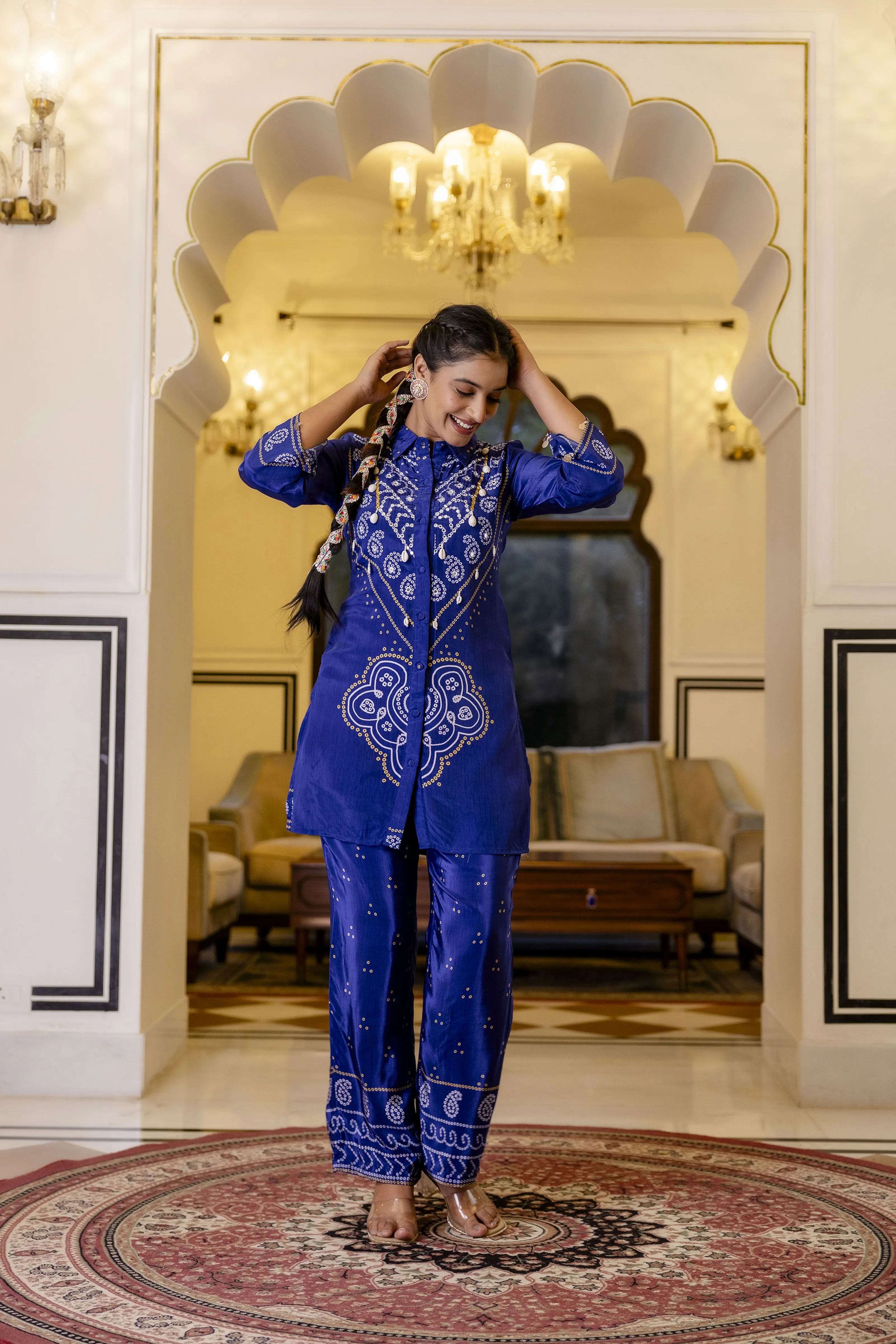 Electric Blue Mirror Embroidered Bandhani Co-ord Set