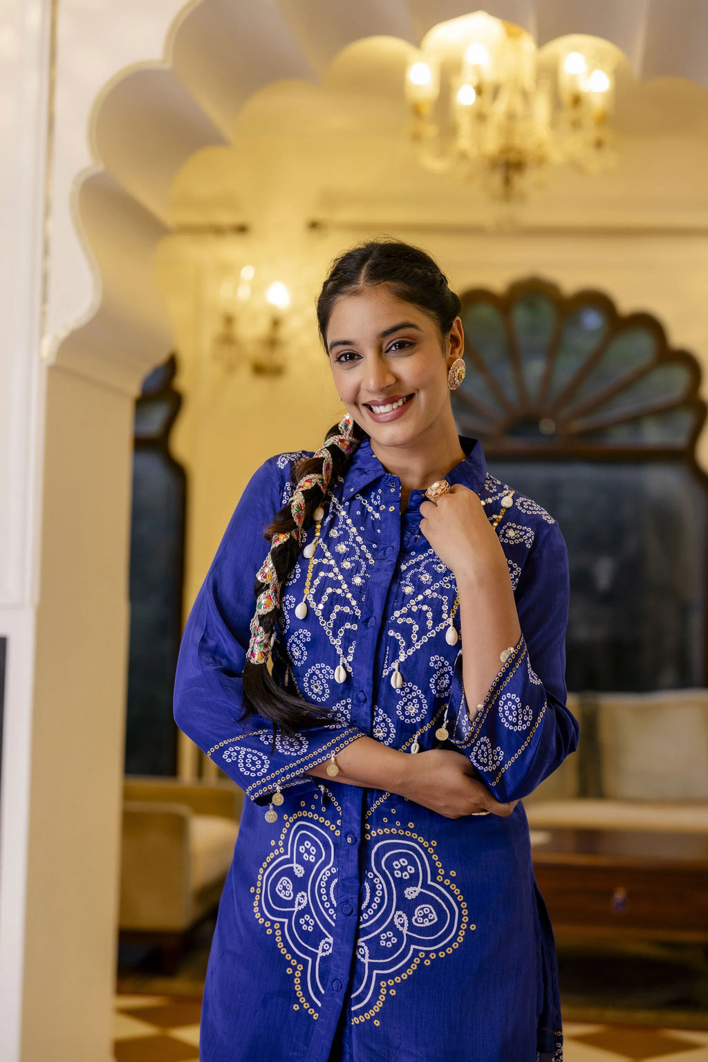 Electric Blue Mirror Embroidered Bandhani Co-ord Set