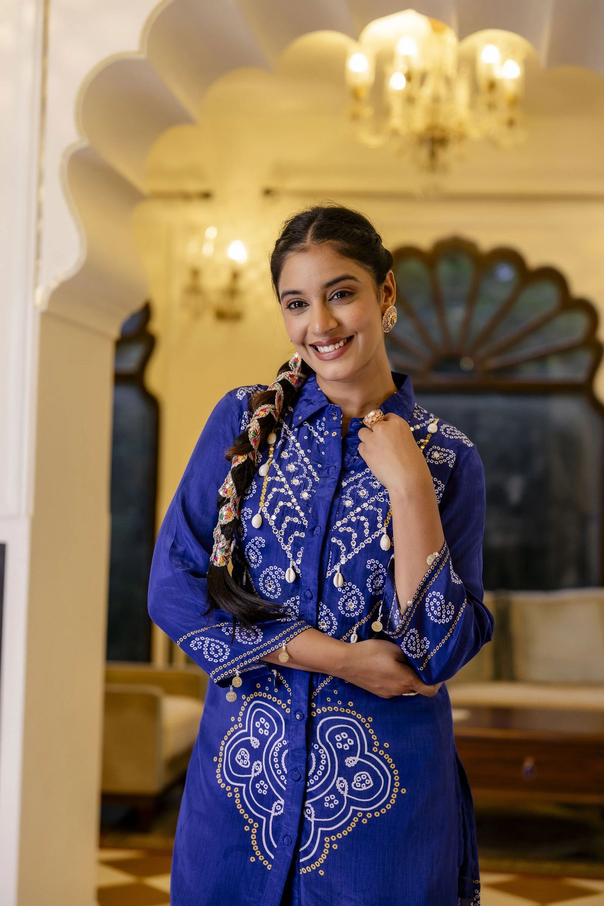 Electric Blue Mirror Embroidered Bandhani Co-ord Set