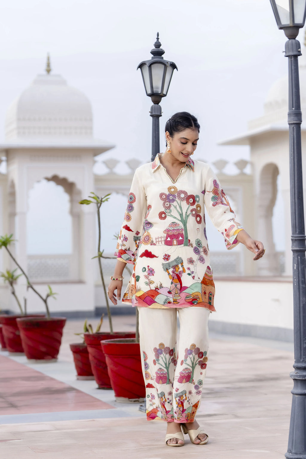 Off-White Base Multicolor Village Story Co-ord Set