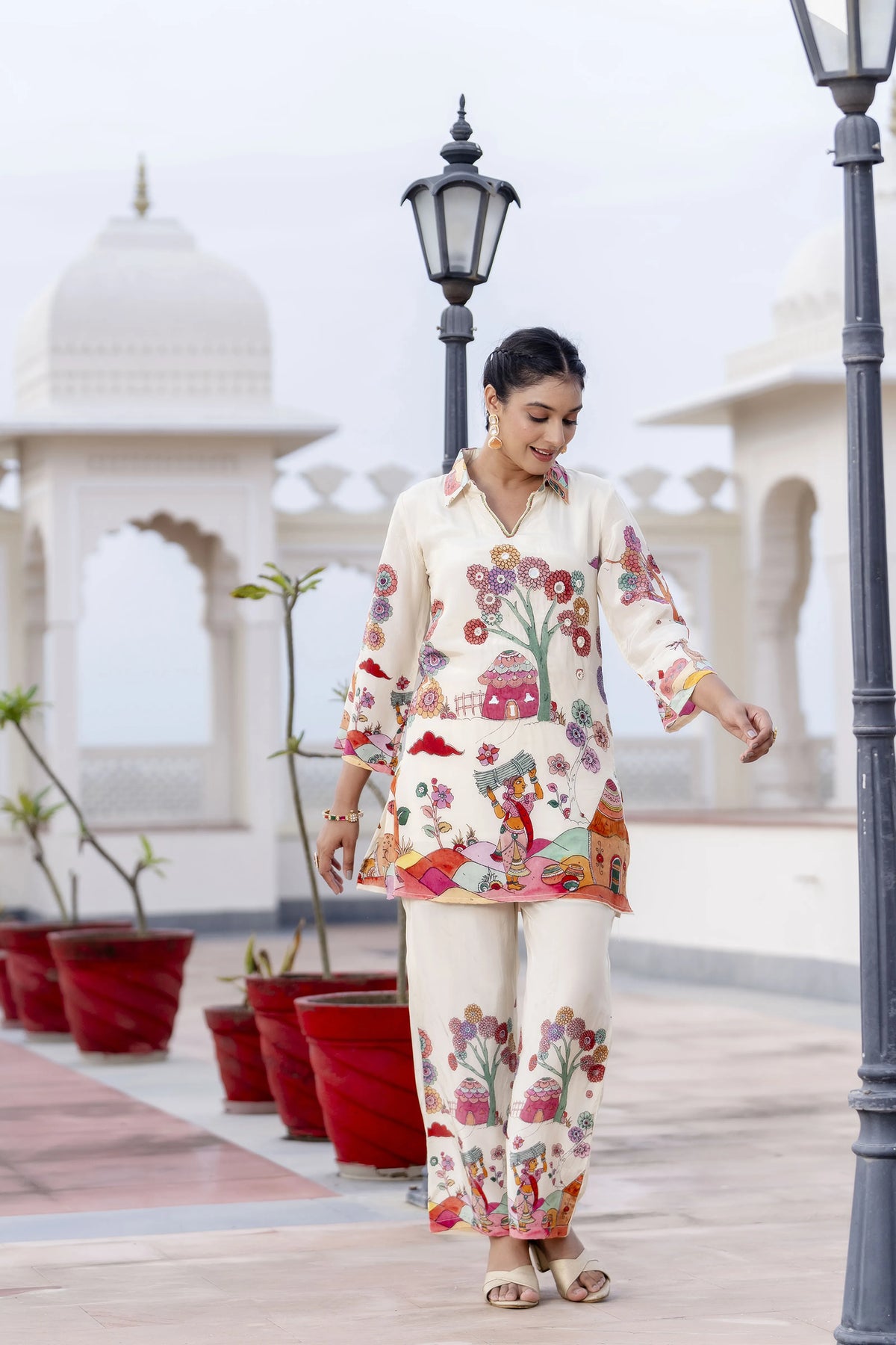 Off-White Base Multicolor Village Story Co-ord Set