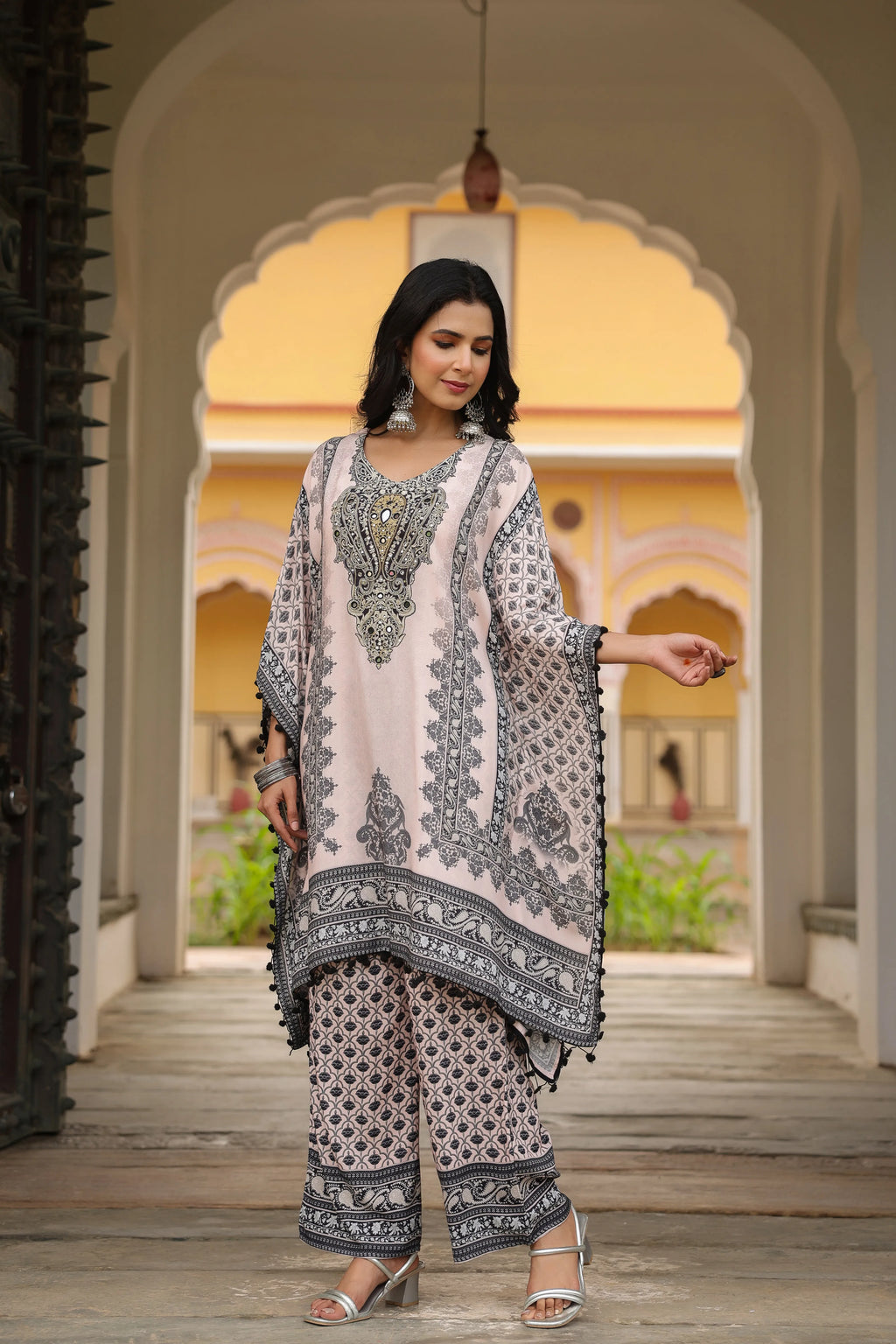 Black & Baby Pink Heritage Mirror Embellished Co-ord Set