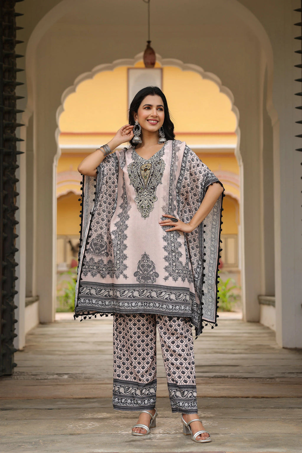 Black & Baby Pink Heritage Mirror Embellished Co-ord Set