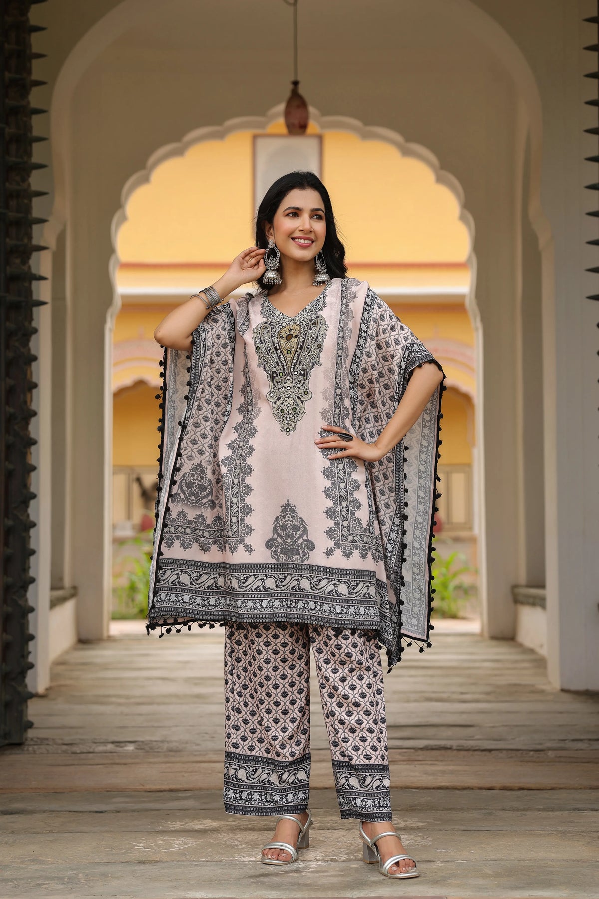 Black & Baby Pink Heritage Mirror Embellished Co-ord Set