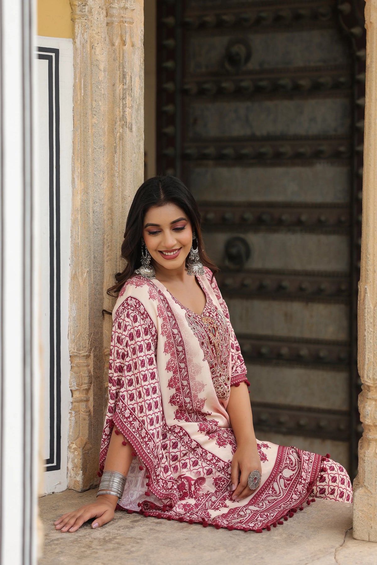 Wine Red & Cream Heritage Mirror Embellished Co-ord Set