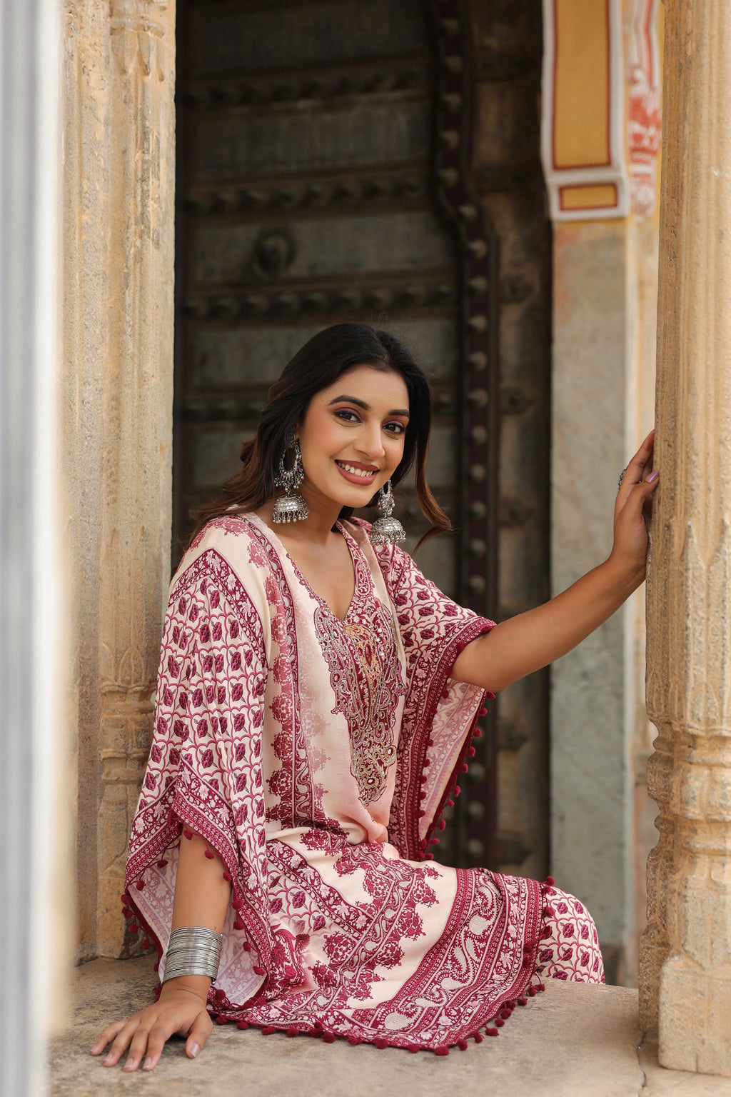 Wine Red & Cream Heritage Mirror Embellished Co-ord Set