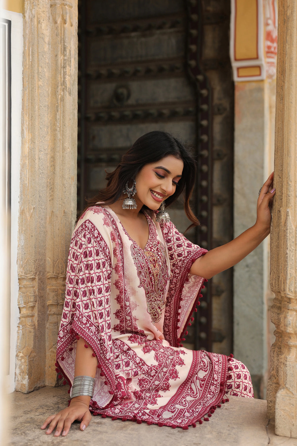 Wine Red & Cream Heritage Mirror Embellished Co-ord Set