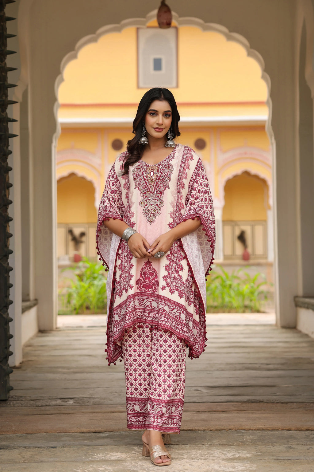 Wine Red & Cream Heritage Mirror Embellished Co-ord Set