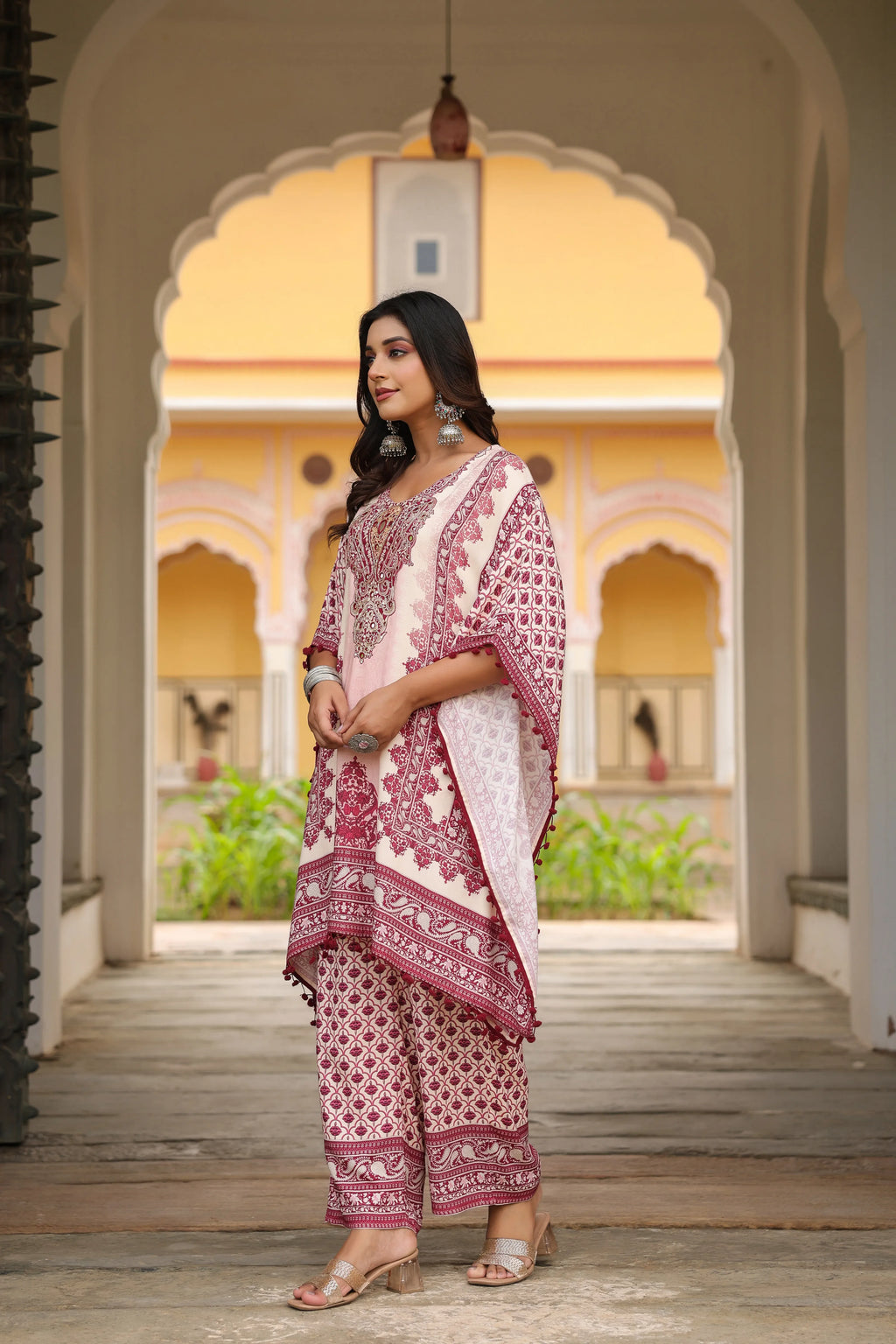 Wine Red & Cream Heritage Mirror Embellished Co-ord Set