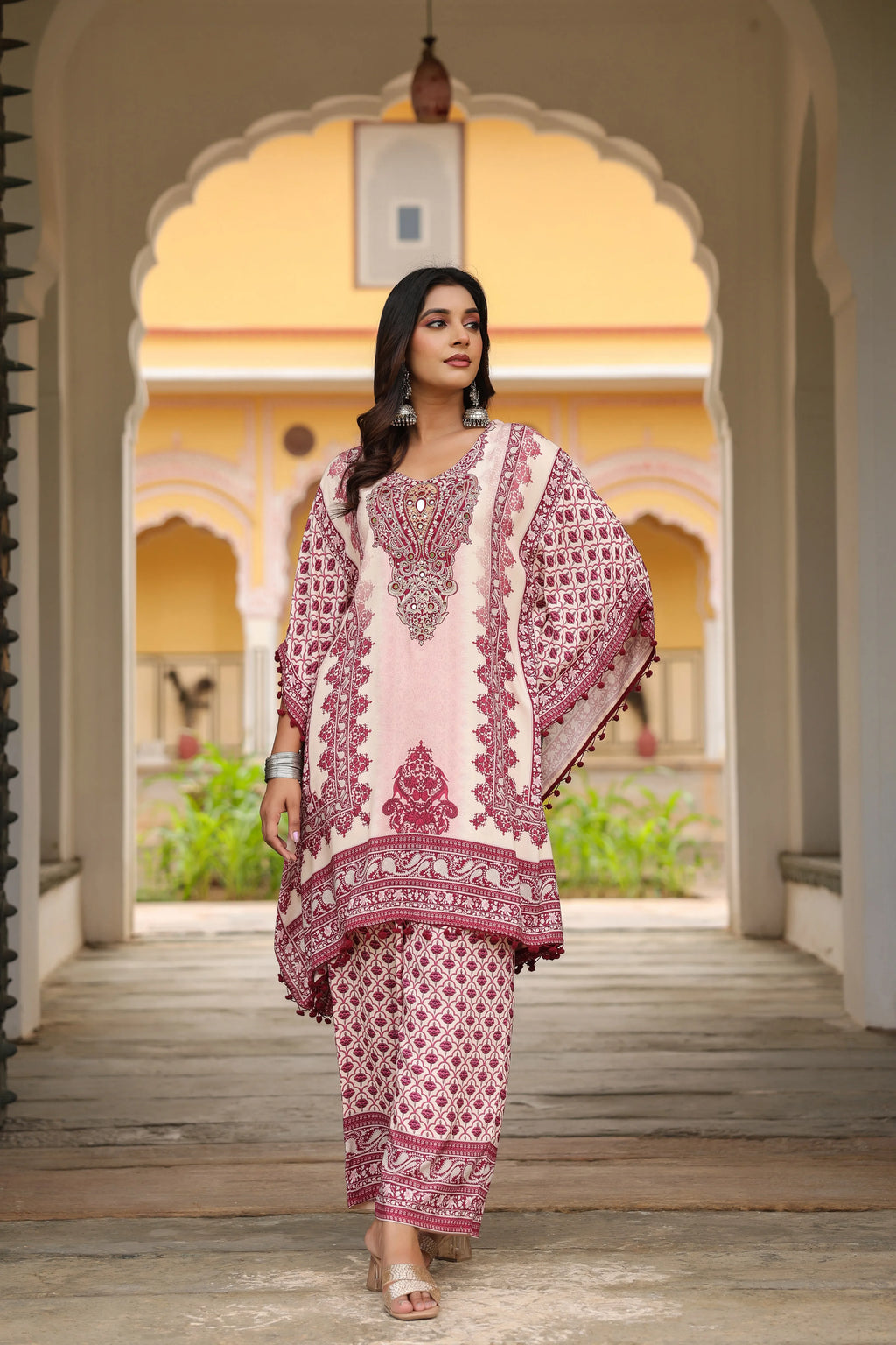 Wine Red & Cream Heritage Mirror Embellished Co-ord Set