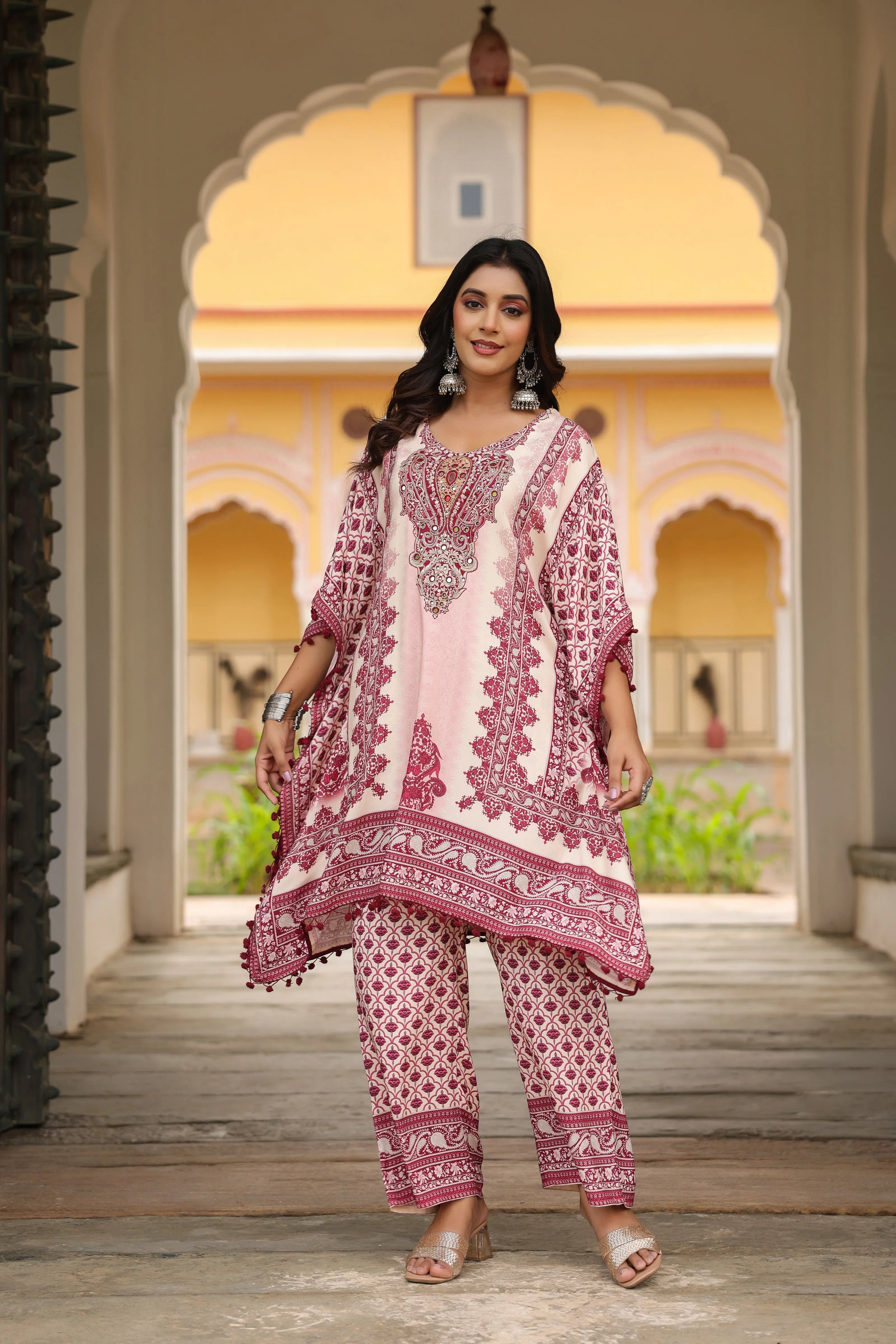 Wine Red & Cream Heritage Mirror Embellished Co-ord Set