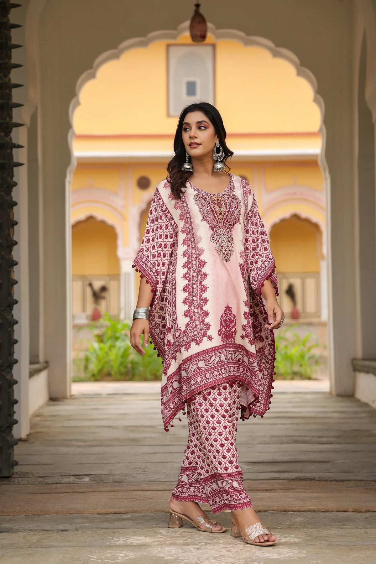 Wine Red & Cream Heritage Mirror Embellished Co-ord Set