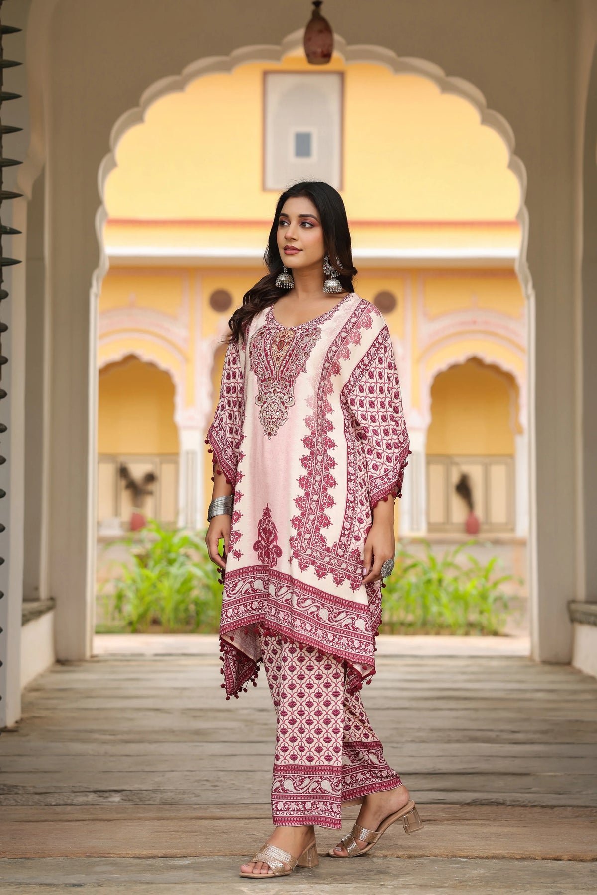 Wine Red & Cream Heritage Mirror Embellished Co-ord Set