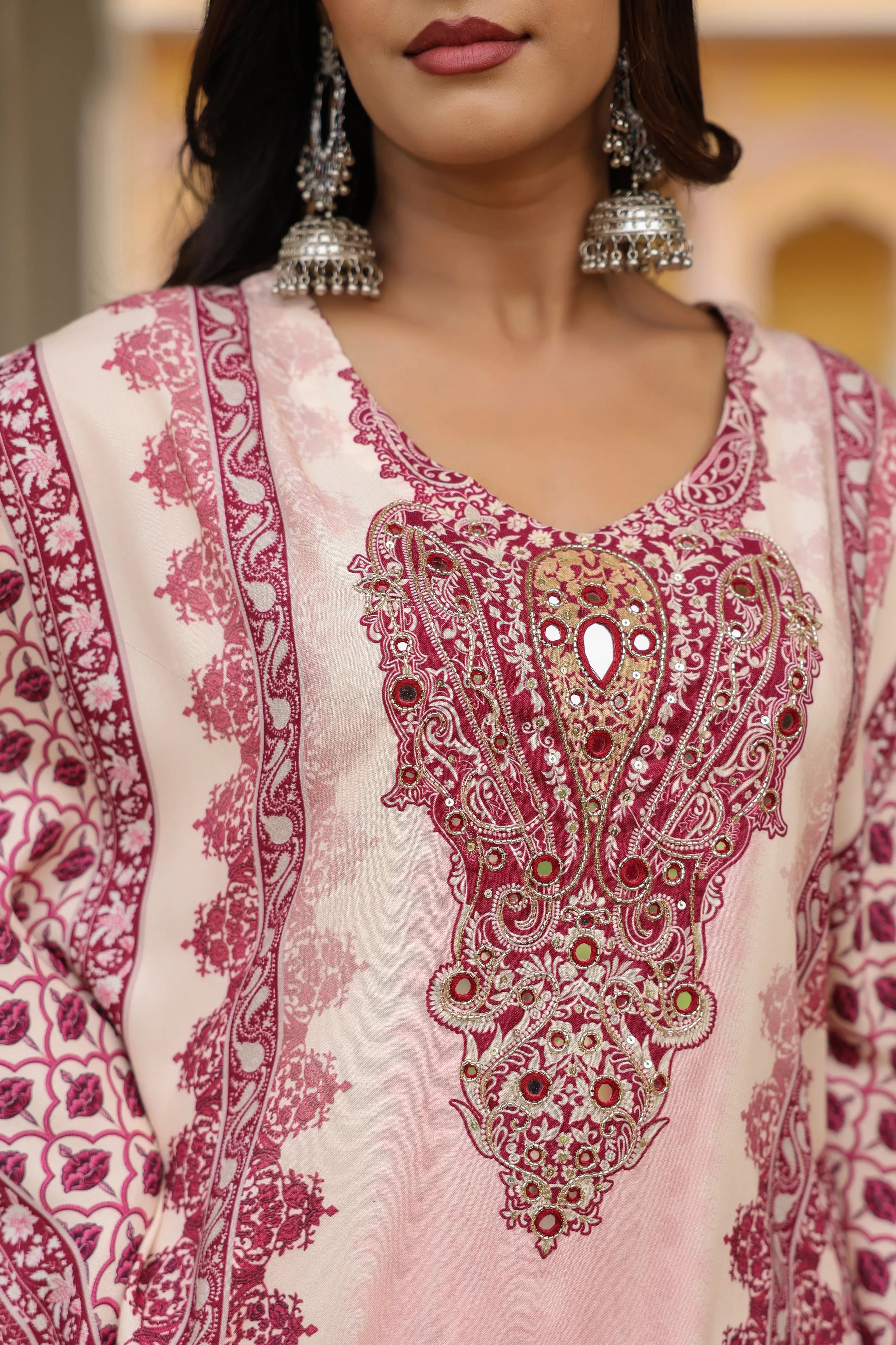 Wine Red & Cream Heritage Mirror Embellished Co-ord Set