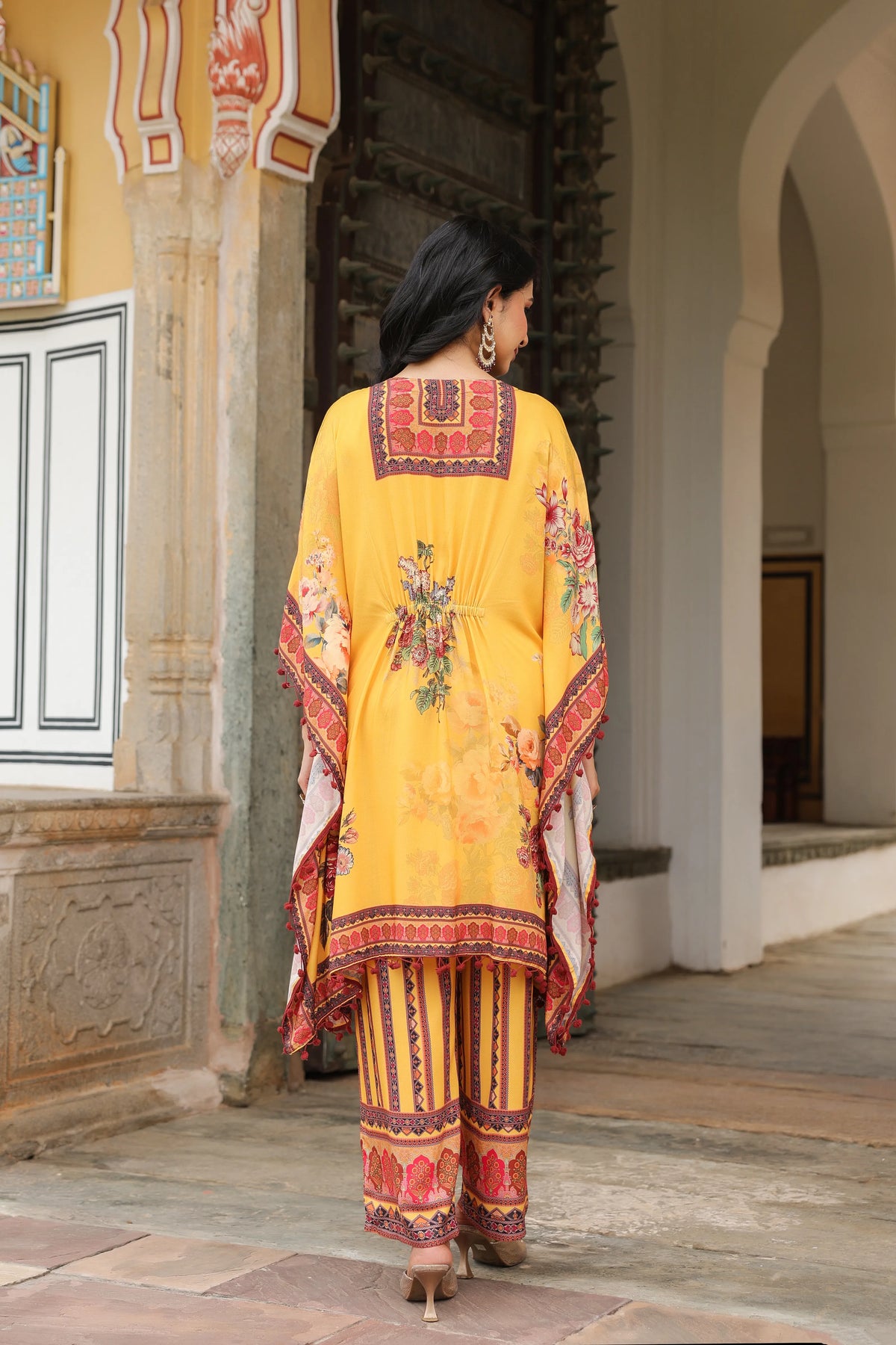 Mustard Floral Mirror-Embroidered Kaftan Co-ord Set