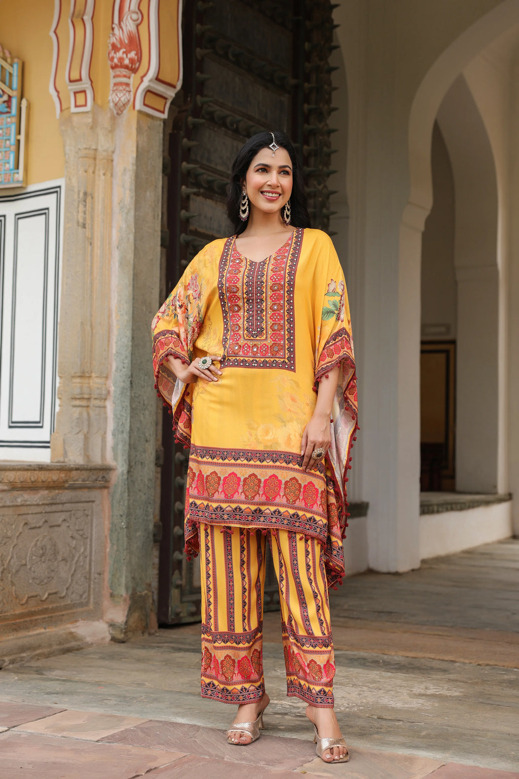 Mustard Floral Mirror-Embroidered Kaftan Co-ord Set