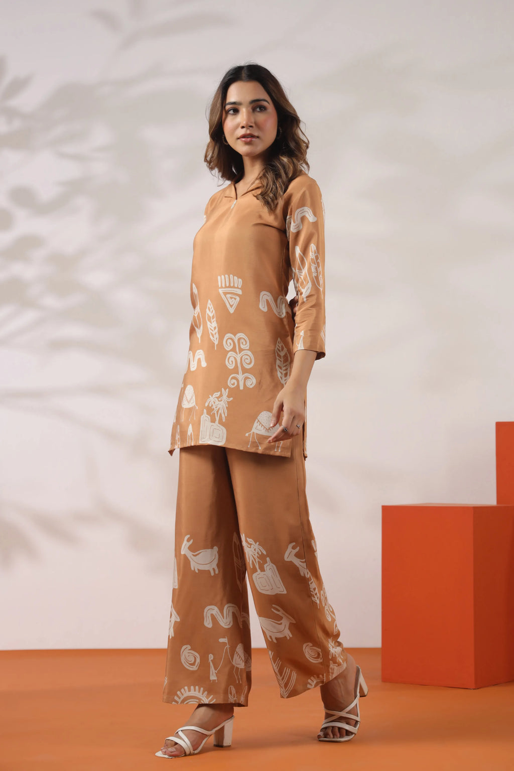 Brown Tribal Print Russian Silk Co-ord Set