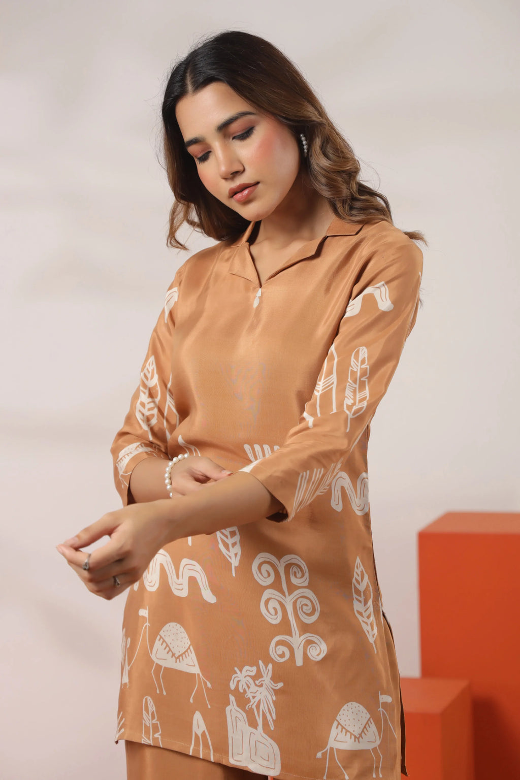 Brown Tribal Print Russian Silk Co-ord Set