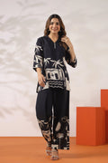 Black Base & Beige Coastal Motif Russian Silk Co-ord Set