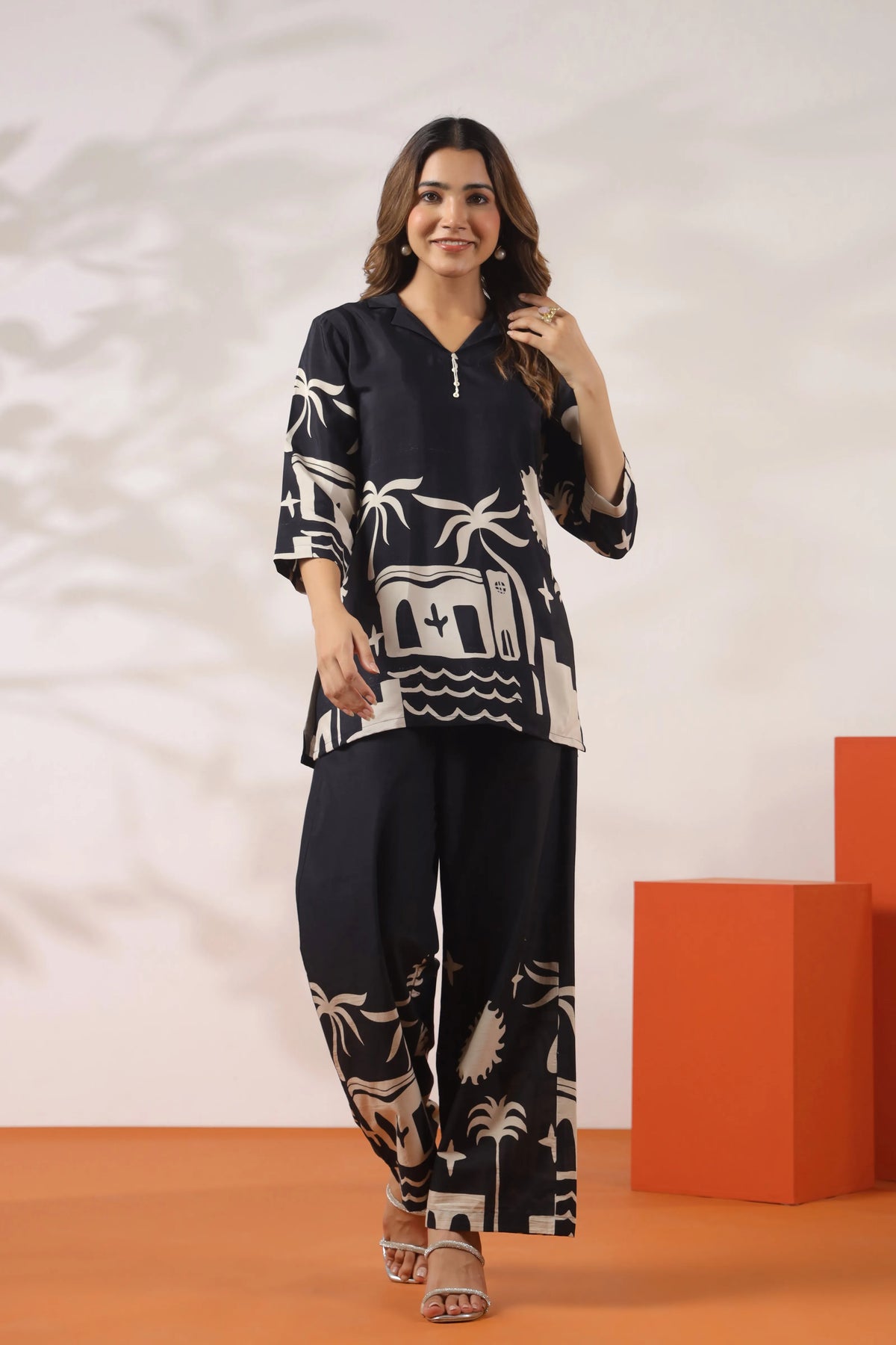 Black Base & Beige Coastal Motif Russian Silk Co-ord Set