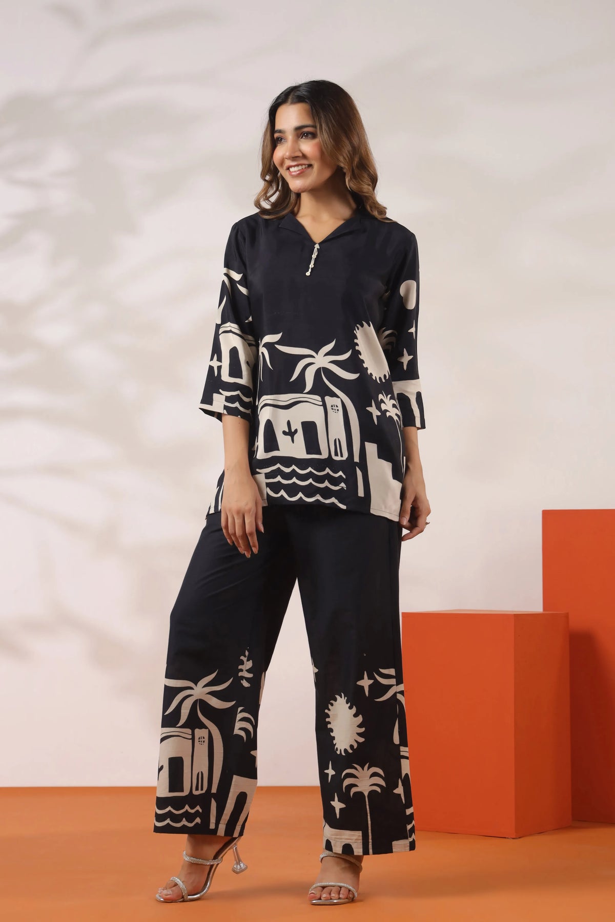 Black Base & Beige Coastal Motif Russian Silk Co-ord Set