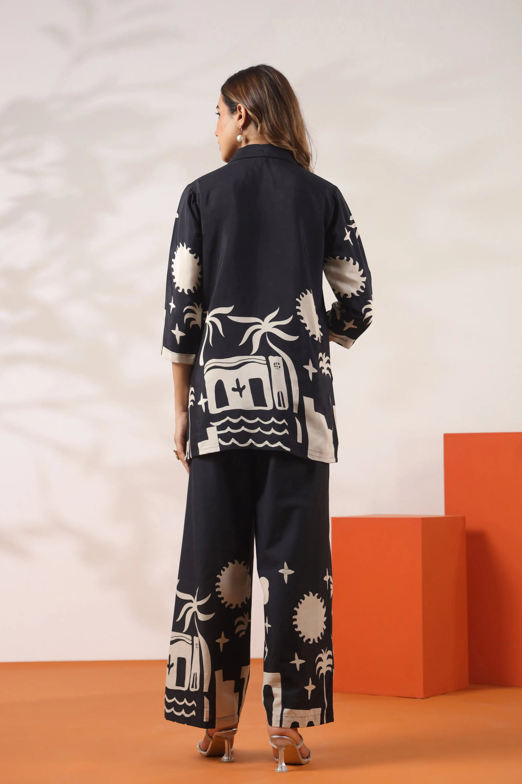 Black Base & Beige Coastal Motif Russian Silk Co-ord Set