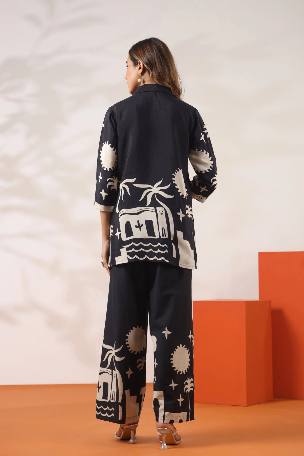 Black Base & Beige Coastal Motif Russian Silk Co-ord Set