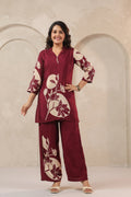 Wine Floral Printed Co-ord Set in Russian Silk