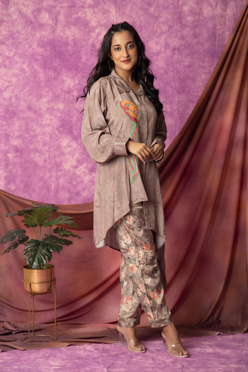 Brown Muslin Co-Ord Set With Embroidery