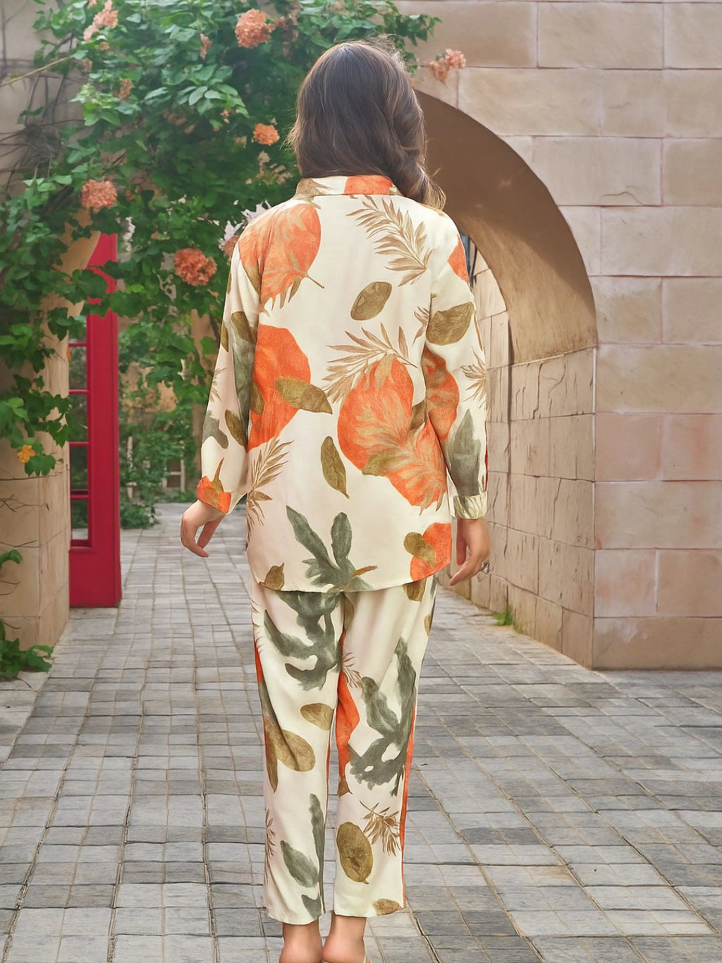 Beige & Orange Tropical Print Co-ord Set