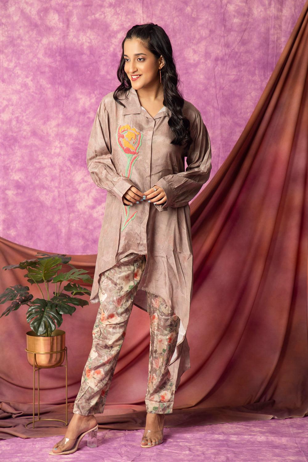 Brown Muslin Co-Ord Set With Embroidery