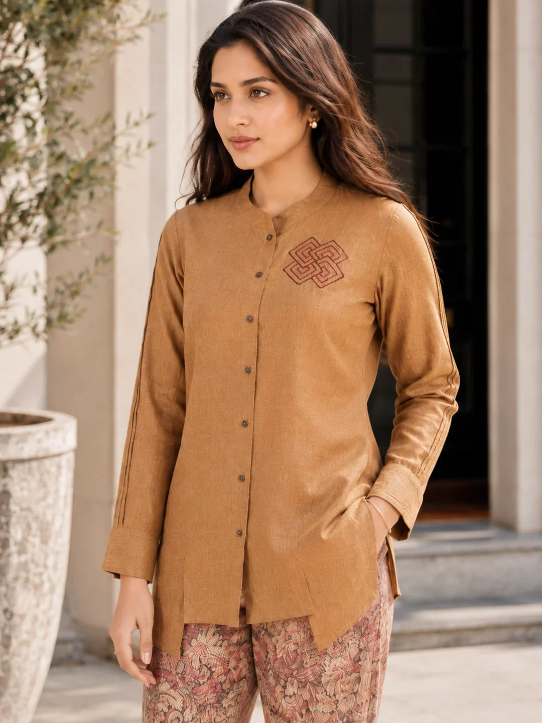 Mustard  Embroidered  Linen Cotton Blend Co-Ord Set