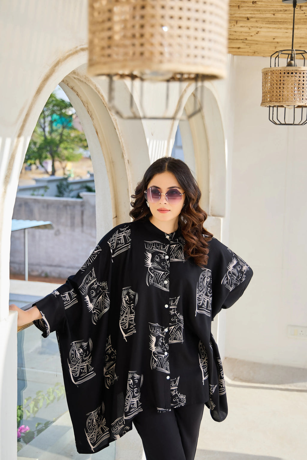 Black Base Cream King & Queen Print Kimono Co-ord Set
