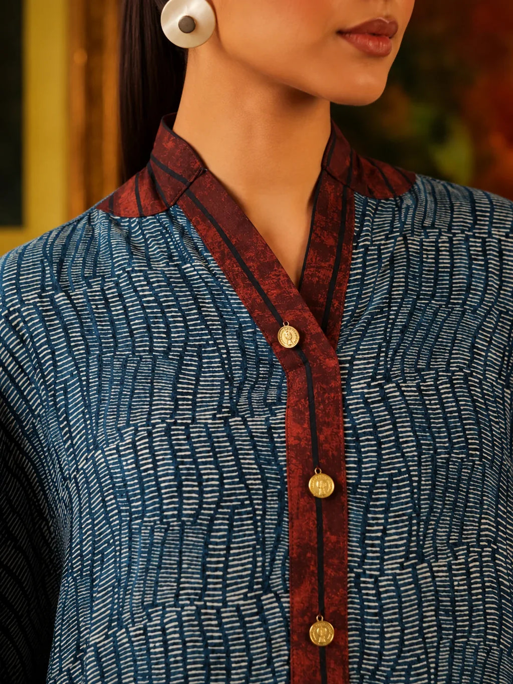 Blue & Maroon Abstract Printed Anti-Fit Eagle Style Co-ord Set in Crepe