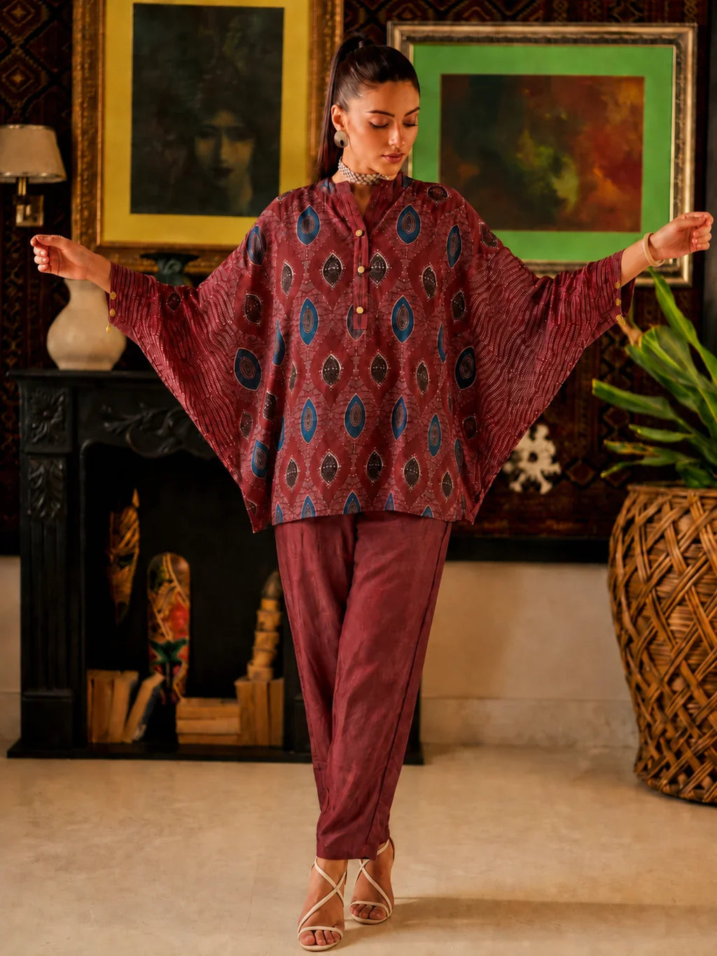 Maroon Abstract Printed Anti-Fit Eagle Style Co-ord Set in Crepe