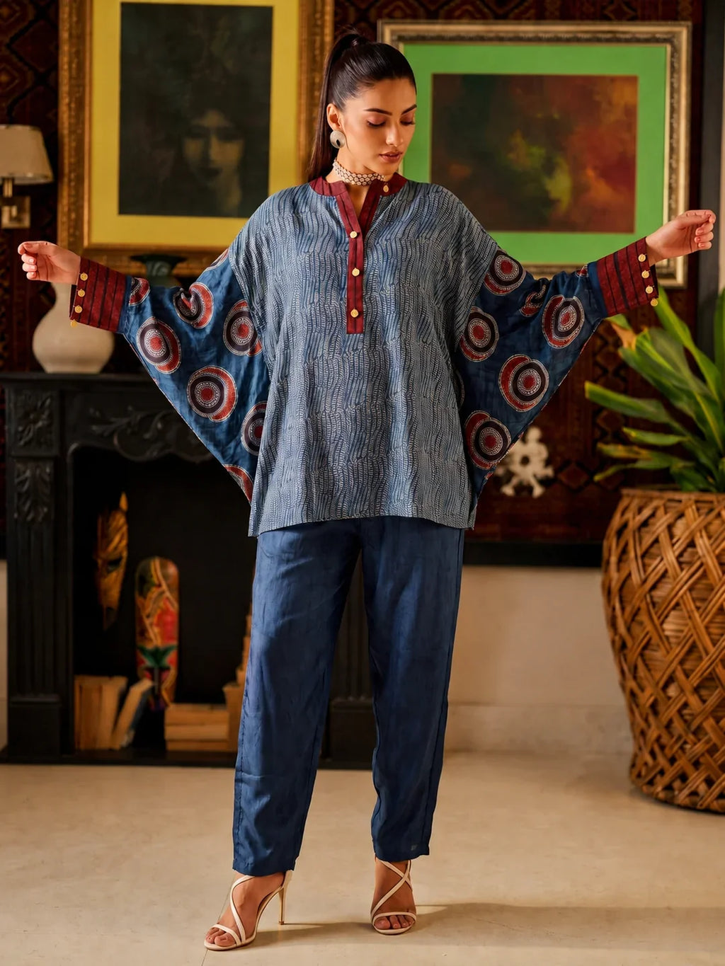 Blue & Maroon Abstract Printed Anti-Fit Eagle Style Co-ord Set in Crepe